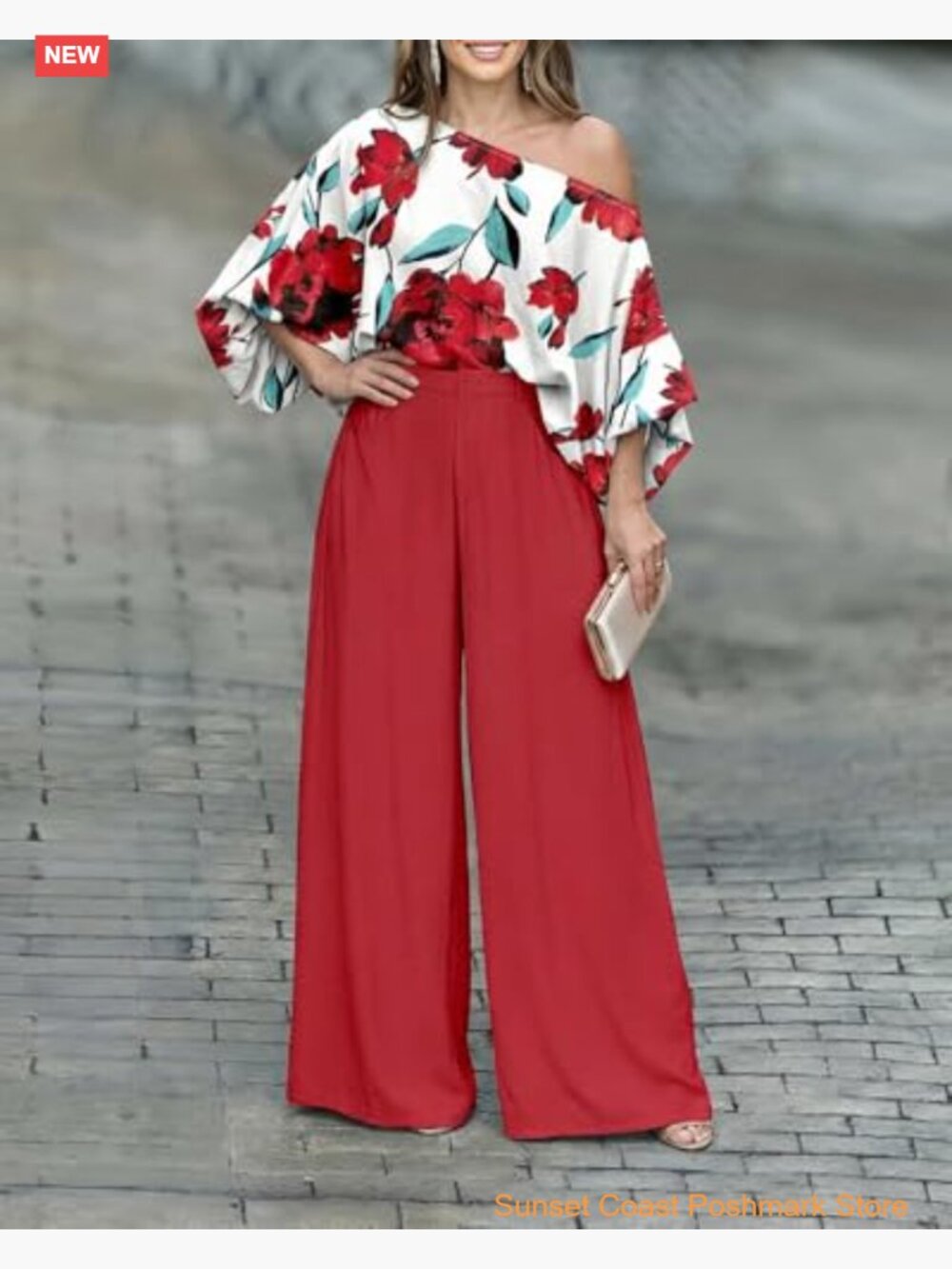 Off Shoulder Top Flowy Wide Leg Pants Set Vacation Travel Airport Outfits - Picture 2 of 7